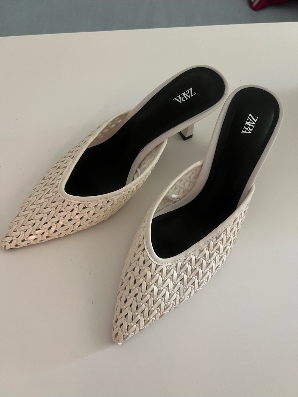Zara Cream Woven Pointed-Toe Mules